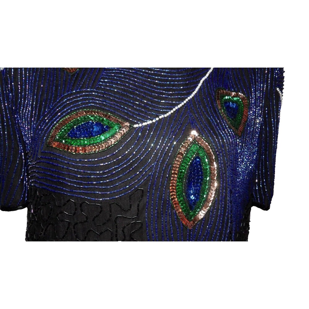 Night Vogue Sequined Beaded Top Shirt Mother of Bride Groom 100% Silk Peacock M - Picture 2 of 12
